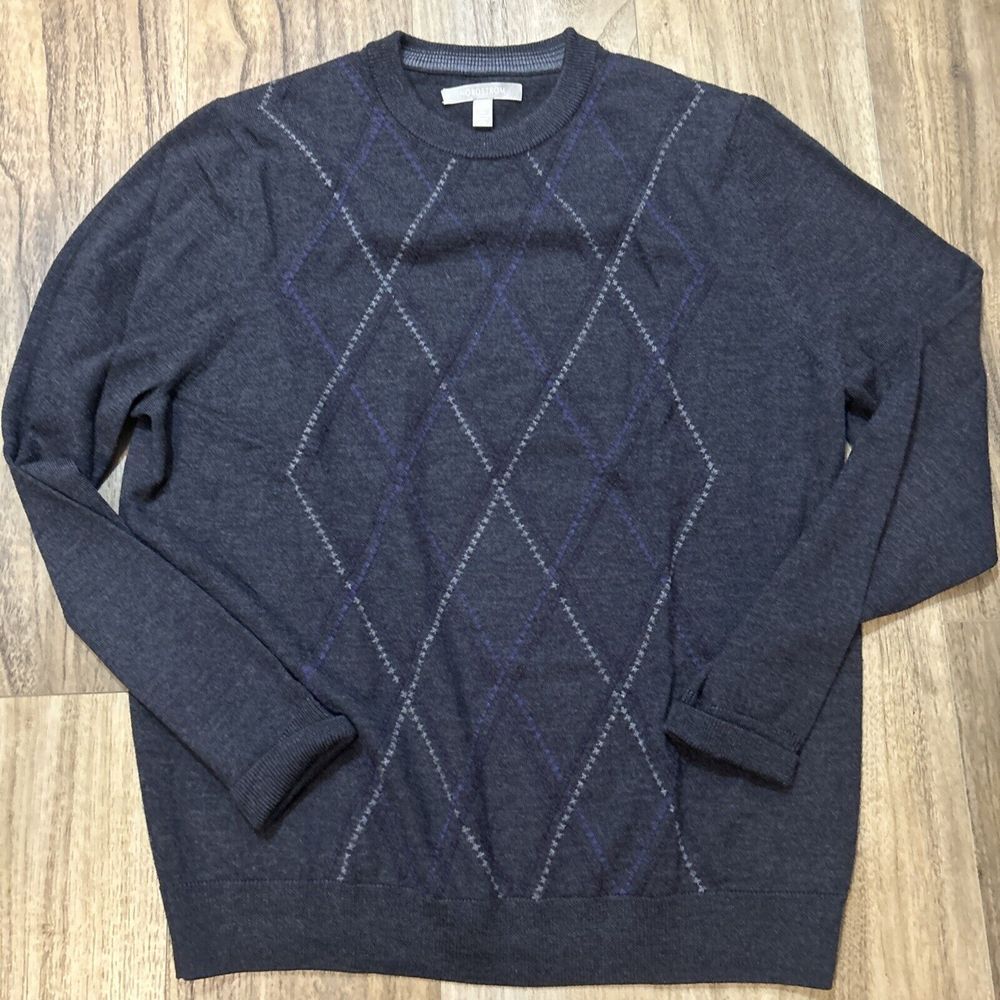 Nordstrom‎ Sweater mens L gray 100% Wool Merino pullover crew diamond Pattern